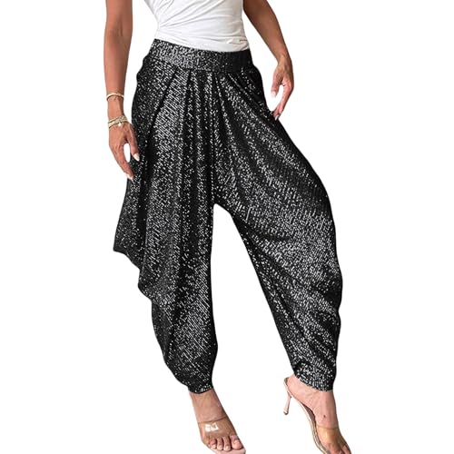 Women's Sequins Lantern Tapered Harem Pants Bling Trousers Baggy Slacks Sparkle Dance Palazzo Hippie Pants