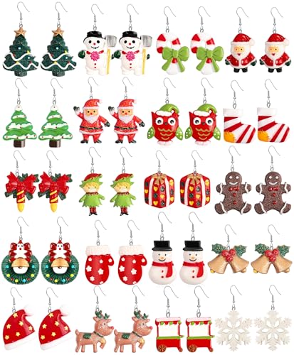20 Pairs Women's Xmas Holiday Earrings - Christmas Tree, Snowflake, Snowman, Bow, Bells - Bulk Party Jewelry Gifts