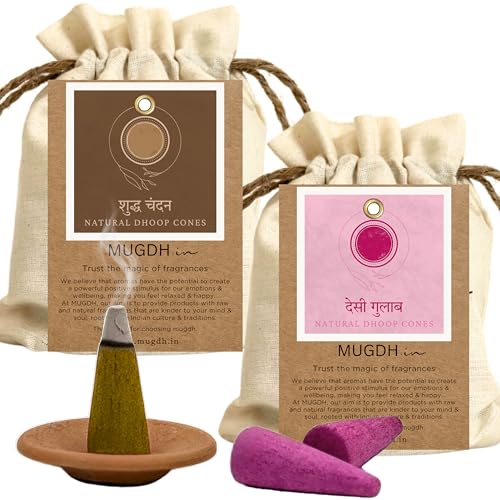Image of Mugdh Natural Incense Cones Combo - Chandan & Gulab | Bambooless, Low Smoke, Charcoal Free Dhoop Cones | 80 Organic dhoop batti | Free Cotton Potli & Dhoop Stand | Home Fragrance, Pooja & Meditation