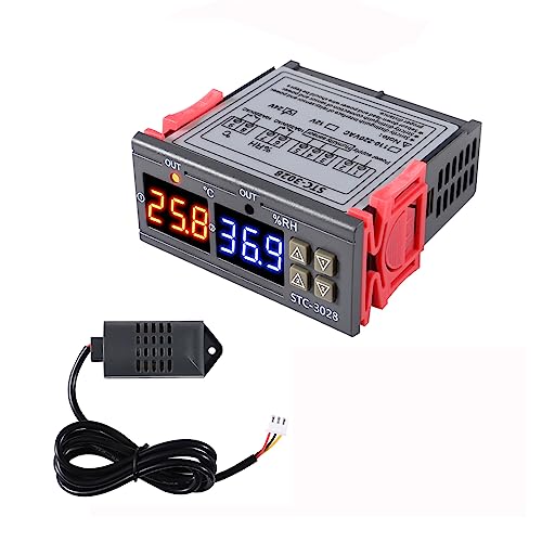 STC-3028 Temperature Controller 24V Temperature and Humidity Controller Meter with Integrated Sensor Dual Digital Display Thermometer Hygrometer Incubator Controller