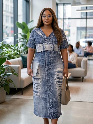 Image of Plus Size Maxi Dress for Women Short Sleeve V Neck Casual Loose Sundress with Pockets