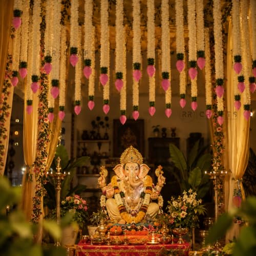 Image of Artificial Flower Hanging Garland | Lotus Gajra for Mandir Decoration & Pooja Decor | Wall /Door Hanging Flowers for Home, Diwali, Ganpati & Festival Decoration (White & Pink) 7 pcs