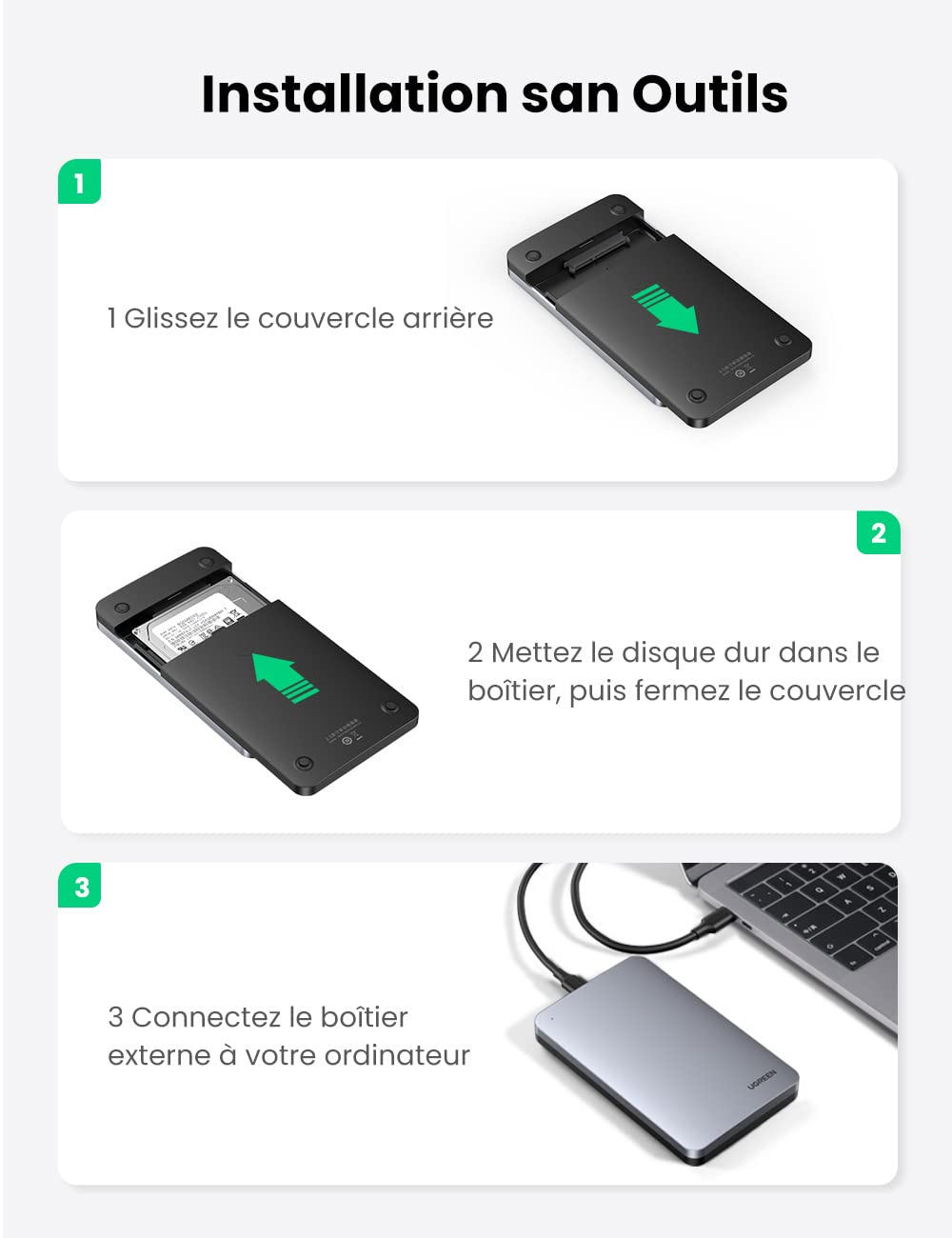UGREEN USB C 3.1 Gen 2 Boîtier Externe 2,5 Pouces pour Disque Dur SATA III II I HDD SSD 7 mm 9,5 mm 6 to Max 6 Gbps UASP Boîtier en Aluminium Câble USB A vers USB C Inclus Installation sans Outil