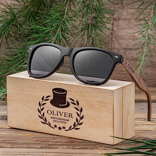 KWOOD Custom Wood Sunglasses for Men with Premium Walnut Wooden Frame, Personalized Wooden Sunglasses Box, Party Ornament, Mens Gift, Groomsmen Gift, Wedding Favors2