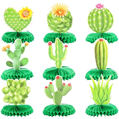 Gyufise 9 Pack Cactus Honeycomb Table Centerpieces Flowers Bloom Summer Hawaiian Luau Party for Mexican Party Decorations Fiesta Cinco De Mayo Birthday Baby Shower Supplies Green