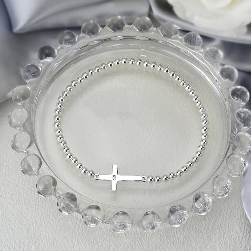 AeraVida Faithful Christian Cross .925 Sterling Silver Beaded Elastic Bracelet | 7-Inch Small Fit | Handmade Religious Symbolic Jewelry for Women3