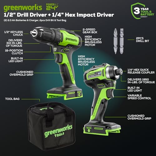 Greenworks 24V MAX Cordless Brushless Drill & Impact Driver Combo Kit, Electric Drill Set, High Torque, Lightweight, Professional Grade, Includes 2x 2.0Ah Batteries, Charger, and Storage Bag