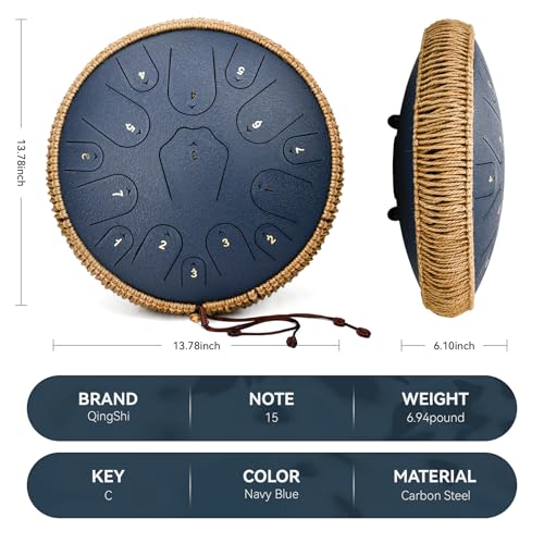 Image of Steel Tongue Drum-QingShi 15 Notes 14 Inch Steel Drum Instrument for Adults, Steel Handpan Drums with Handpan Drum Mallet, Music Book and Carry Bag, C Major (Navy Blue)