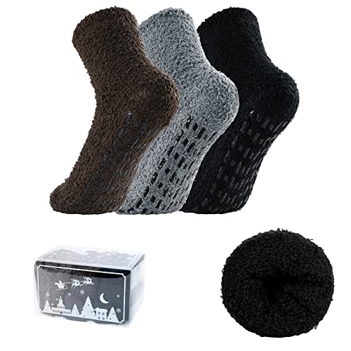 Image of Fuzzy Socks for Women with Grips No Slip Hospital Socks Warm Fluffy Socks Winter Slipper Socks Soft Cozy Socks Grippy Plush Socks Christmas Gifts Presents 3 Pairs Black DarkGray Coffee