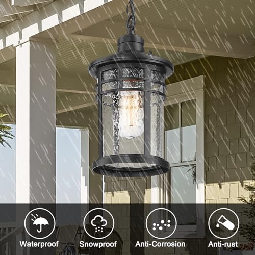 Image of Darkaway Outdoor Pendant Lights for Porch, Outdoor Chandelier Hanging Porch Lights Ceiling Mount Aluminum with Seeded Glass for Front Porch Gazebo Patio (Medium, Black)