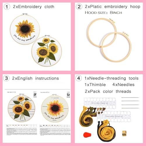 Image of Sunflower Embroidery Kits for Beginners Adults, Floral Hand Embroidery Set Needlepoint Kits, Stamped Cross Stitch Kits for Beginners Adults, 2 Embroidery Hoops, Fabric, Thread(Attached Video Tutorial)
