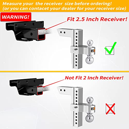Locame Adjustable Trailer Hitch, Fits 2.5-Inch Receiver Only, 10-Inch Drop/Rise Aluminum Drop Hitch,18,500 Lbs Gtw-Tow Hitch For Heavy Duty Truck With Double Stainless Steel Locks, Silver, Lc0009 #TOP1