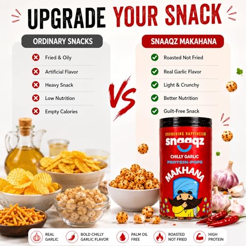 Image of SNAAQZ Chilly Garlic Roasted Makhana | Crunchy Fox Nut Healthy Snack | Spicy Phool Makhana Namkeen | Protein Rich Gluten Free Snack | Low Calorie Roasted Lotus Seeds with Chilli Garlic Flavour