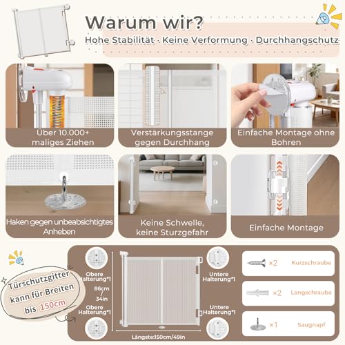 Ycozy Treppenschutzgitter Ohne Bohren 0-150cm Türschutzgitter Ausziehbar mit Stützstangen Treppenschutzrollo Einhändiges Öffnen Kinderschutzgitter Türgitter Baby Hunde Absperrgitter Treppengitter