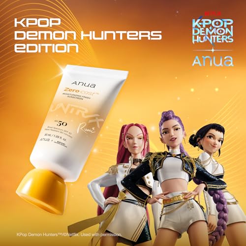 Image of Anua, Zero-Cast Moisturizing Sunscreen SPF 50, Glow Natural Sunscreen for face, No White Cast, Hyaluronic Acid, Niacinamide, Oil-Free, KPop Demon Hunters, Korean Skincare, 1.69 fl oz