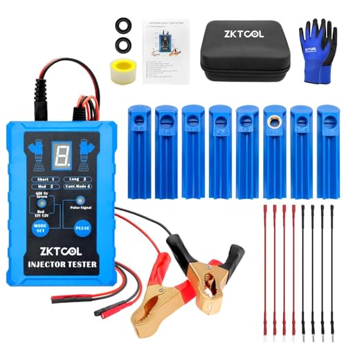 ZKTOOL Universal Fuel Injector Cleaner And Tester Kit, 8 Pulse Modes, 4 Wire Dual Channel for 2 Fuel injectors, 8 Size Cleaning Adapters, 12V/5V Output Power-Test and Clean Two Fuel Injectors