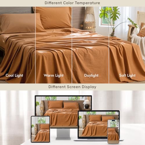 Image of MooMee Bedding Sheet Set 100% Washed Cotton Linen Like Textured Breathable Durable Soft Comfy (Solid Burnt Orange, Twin)