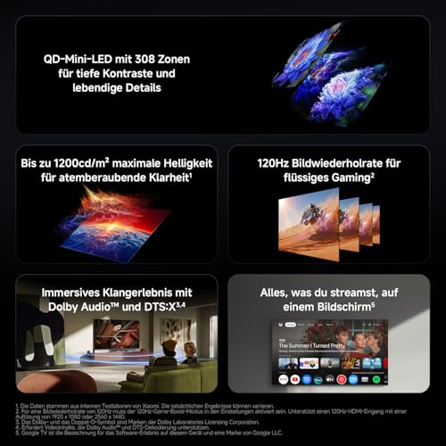 XIAOMI TV S Mini LED 55"(140 cm), QLED Mini LED Fernseher, 4K UHD, Smart TV mit Google TV, HDR10+, Triple Tuner, DVB T2, 60Hz mit 120Hz Game Boost Mode, MEMC, Dolby Audio, Airplay 2, Google Assistant