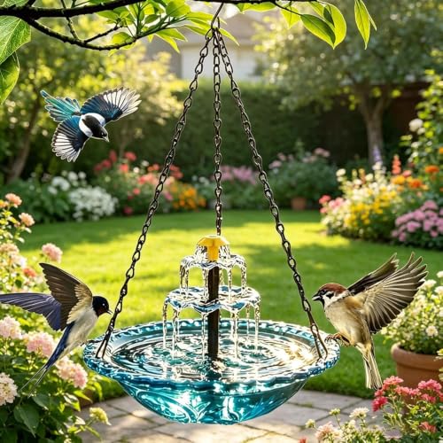 YOMOZEM Vogeltränke Hängend Vogeltränke mit Springbrunnen Solar Solarbetriebenes Vogelbad Garten 3 Stufig Vogeltränke zum Aufhängen Solarbetriebenes Vogelbad Garten für Garten Hof Terrasse Balkon