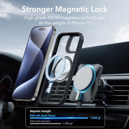 Image of ESR for iPhone 15 Pro Max Case, Compatible with MagSafe, Military-Grade Protective Case, Built-in Stash Stand Phone Case, Scratch-Resistant Back Cover, Classic Series,Clear Black