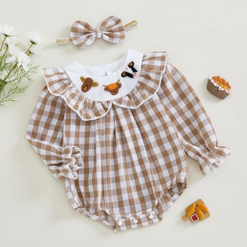 FYBITBO Newborn Baby Girl Outfits Smocked Long Sleeve Bubble Romper Plaid Bodysuit Jumpsuit Headband Infant Clothes Set2