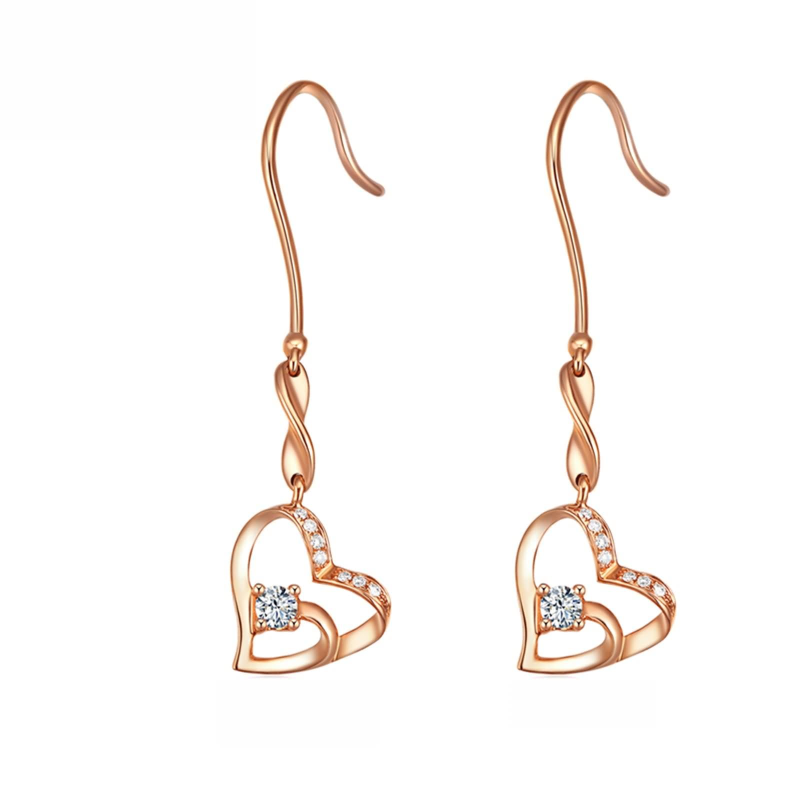 Damen Ohrringe für Hochzeit Rosegold 9K / 14K / 18 K, Hohl Herz mit Diamant 0,1 Karat, Durchzieher Damen Ohrringe Rosegold