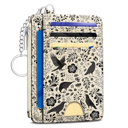 Image of Kelvoris Credit Card Holder Small Wallet Women, Slim RFID, Crow | Keychain, Zipper Coin Pocket, Front Pocket Thin Travel Card Case, Minimalist, 6 Card Slots, 1 ID Window, Ladies Gifts Woman