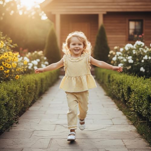 Kupretty Toddler Girl Clothes Baby Summer Outfits Striped Ruffle Sleeveless Vest Tank Tops Pants Set 1T 2T 3T 4T (Yellow, 18-24 Months) - Thumbnail 2