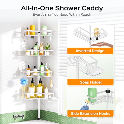 Image of HAMITOR 4-Tier Bathtub Shower Caddy, Tension Pole Corner Shelves, White | Rustproof L-Shaped Adjustable Organizer, No-Drill Bathroom Accessories with Hooks, Space-Saving For Apartment, Renters