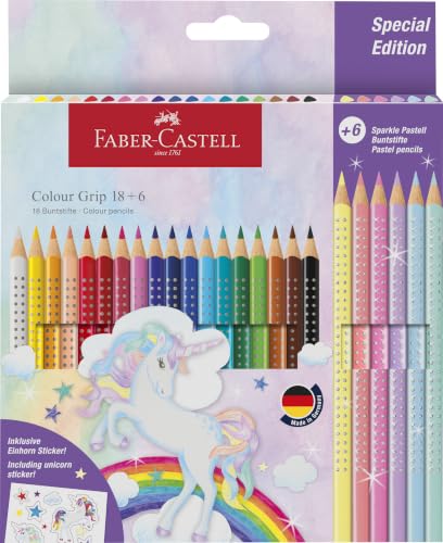 FABER-CASTELL - Matite colorate Unicorno, 24 pezzi, con adesivi