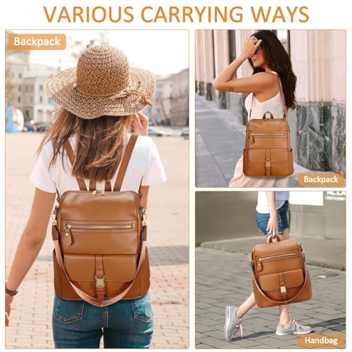 Image of KKXIU Backpack Purse for Women - Multi-pocket Leather backpack for Travel, Work & School with Anti-Theft Lock Pocket, Luggage Strap & Water Bottle Pockets - 13x14x5.2 Inch, 1.67lb (Brown)