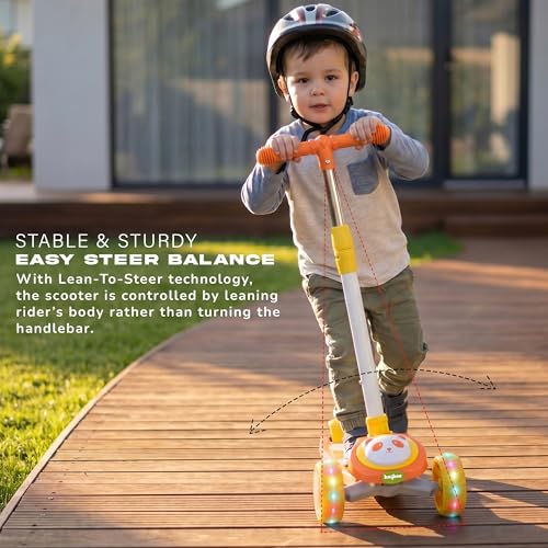 Image of Baybee Bambo Skate Scooter for Kids | 3 Wheel Kick Scooter with LED Wheels & Deck Lights with Music | 3 Height Adjustable Handle & Brake | Foldable Scooter for Kids 3 to 8 Years Boys & Girls (Orange)