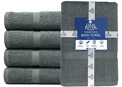 Image of DAN RIVER Bath Towels Set of 4, 27 x 54 Inches, 100% Cotton, Larger & Lighter Weight, Quicker to Dry, Super Soft and Absorbent, Ideal Gray Bath Towels for Daily Use