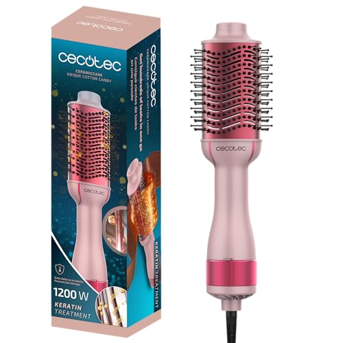 Cecotec Cepillo de Aire Voluminizador CeramicCare Unique Cotton Candy. 1200W, Revestimiento Cerámico con Queratina y Aceite de Argán, 3 Modos, Punta Fría, Sistema de Protección