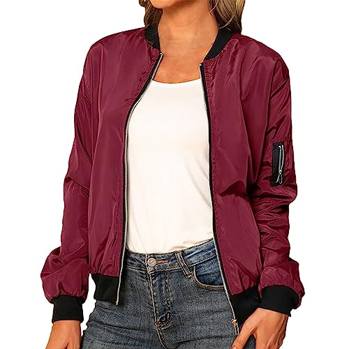 Women's Zip Up Bomber Jacket Casual Long Sleeve Spring Zipper Coat Lightweight Solid Outerwear Windbreaker with Pockets2