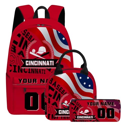 Custom Boys Girls Cincinnati Backpack Lunch Box Pencil Case with Name & Number, Large Capacity 17