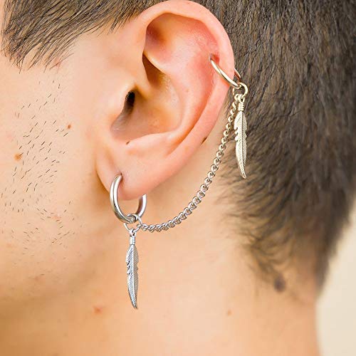 Brinco Masculino com Corrente Penas Furo e Pressão (Conjunto para 1 orelha)