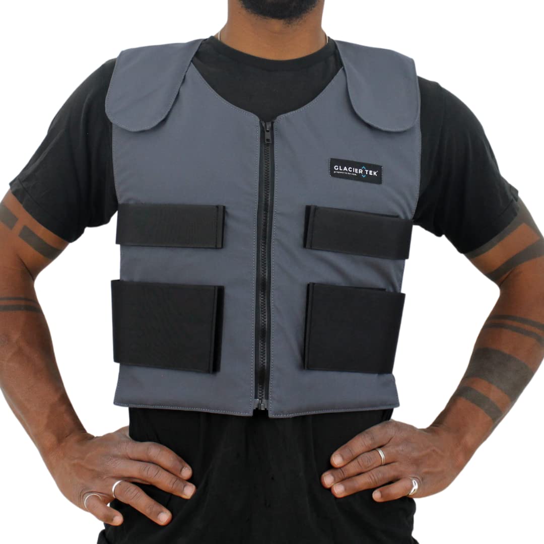 Glacier Tek Sports Cool Vest with set of 8 Non-Toxic Cooling Packs - Maintains 59ºF for Up to 2.5 Hours - Pewter
