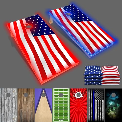 PARTYPONG PartyLife Made in USA 4 ft x 2 ft Wood Cornhole Boards Set w/LED Lights, All-Weather Bags, & Carrying Case - USA Edition
