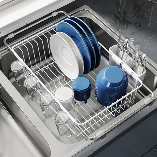 Image of JASIWAY White Dish Drying Rack in Sink, Dish Drainer with Utensil Holder