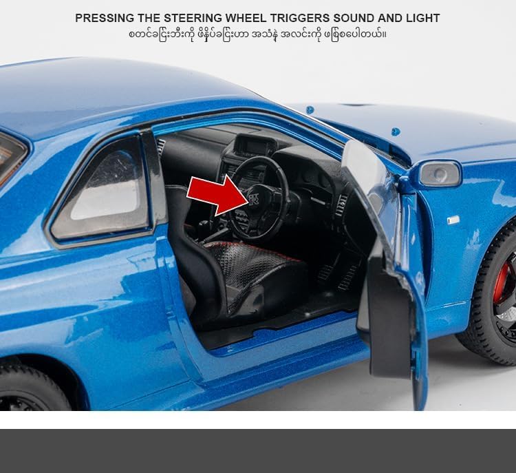 Image of 1:24 Nissan Skyline GT-R R34 Diecast Model Car, Pull Back Toy with Sound & Light, Collectible for Kids & Adults (Blue)