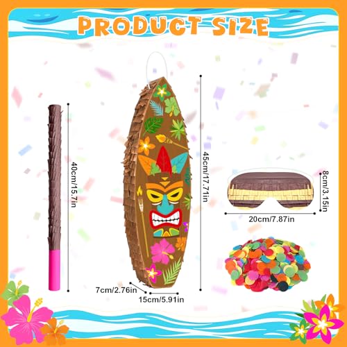 Tiki Piñata Surfboard Pinata Tropical Pinatas Hawaiian Luau Pinatas with Stick Blindfold Confetti for Tropical Pool Party Decorations Summer Birthday Party Supplies 17.7 × 5.97 × 2.76 Inches