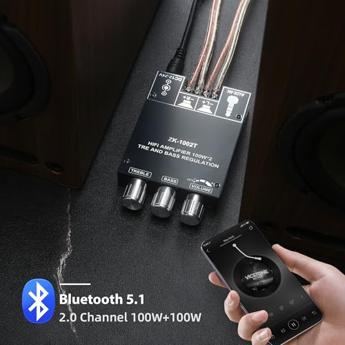 Image of ZK-1002T Bluetooth Amplifier Board with IPEX1 Base, TPA3116D2 Chip, 100W+100W Output, 2.0 Stereo Audio, 12V-24V DC Input, Ideal for DIY Bluetooth Speakers