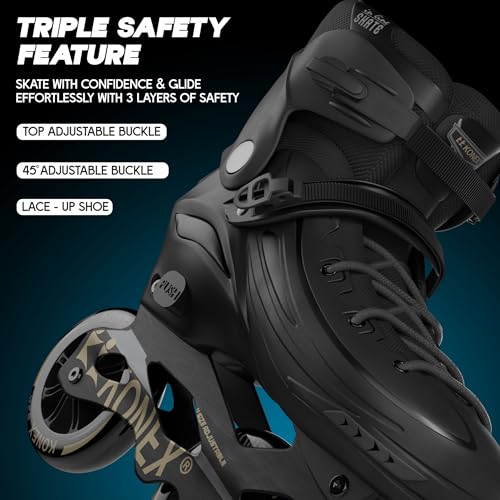 Image of Konex Premium 3 Wheel Inline Skates | Adjustable 100 MM PU Rubber Wheel Roller Skating Shoes for Boys and Girls (Size Euro 35-38, Black)