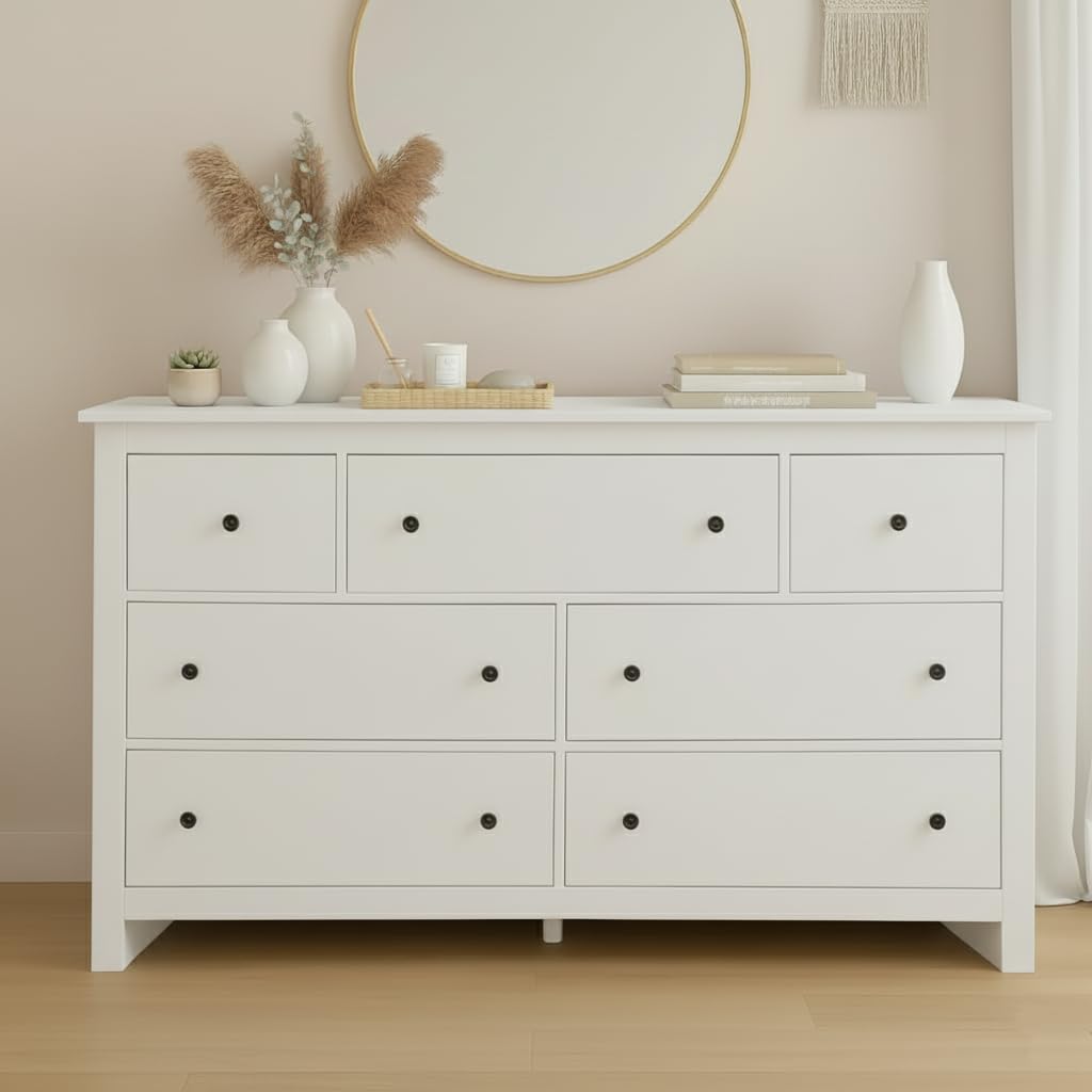 Comò bianco, 152x40x89 cm, credenza con 7 cassetti, armadio da cucina, credenza per buffet, armadio per la conservazione per soggiorno, camera da letto e ingresso (Bianco, A)