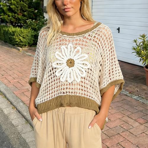 Image of Women Floral Crochet Sweater Short Sleeve Crewneck Hollow Out Lightweight Knit Pullover Tops 2025 Summer Beach Cover Ups