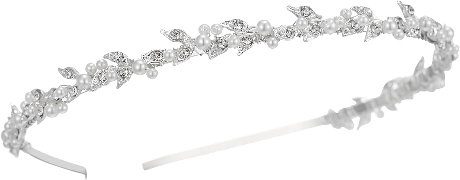 SWEETV Rhinestone Bridal Headband Silver Crystal Tiara for Women Pearl Wedding Headpieces for Bride Hair Accessories for Prom Birthday Party