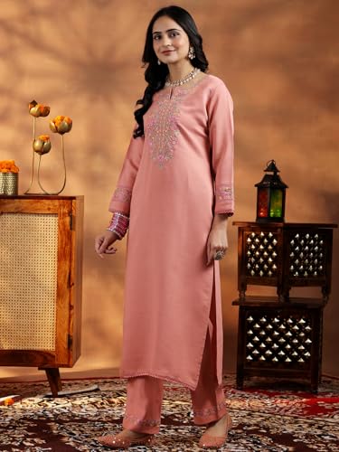 Image of Libas Womens Yoke Design Silk Blend Straight Kurta With Trousers and Dupatta | daily wear suit