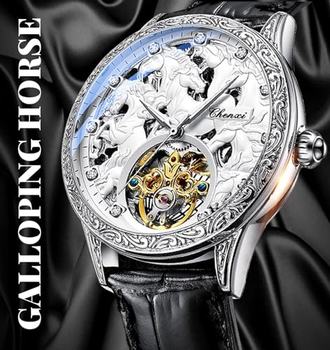 FORSINING Men's Gold Luxury Tourbillon Watch Tiger Carved Moon silver - Image 5