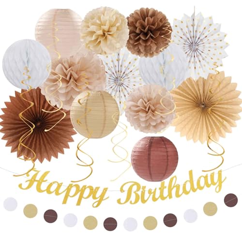 Image of White-Brown Champagne-Gold Boho Birthday Party-Decorations - 21pcs Happy Banner,Beige Neutral Rustic Paper Lanterns Honeycomb, Hanging Streamers,Tissue Pom Poms Flower Fan,Fall Decor Supplies Huglony